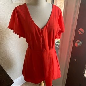 Trixxie Red Romper Button Front Flutter Sleeve V-Neck Large